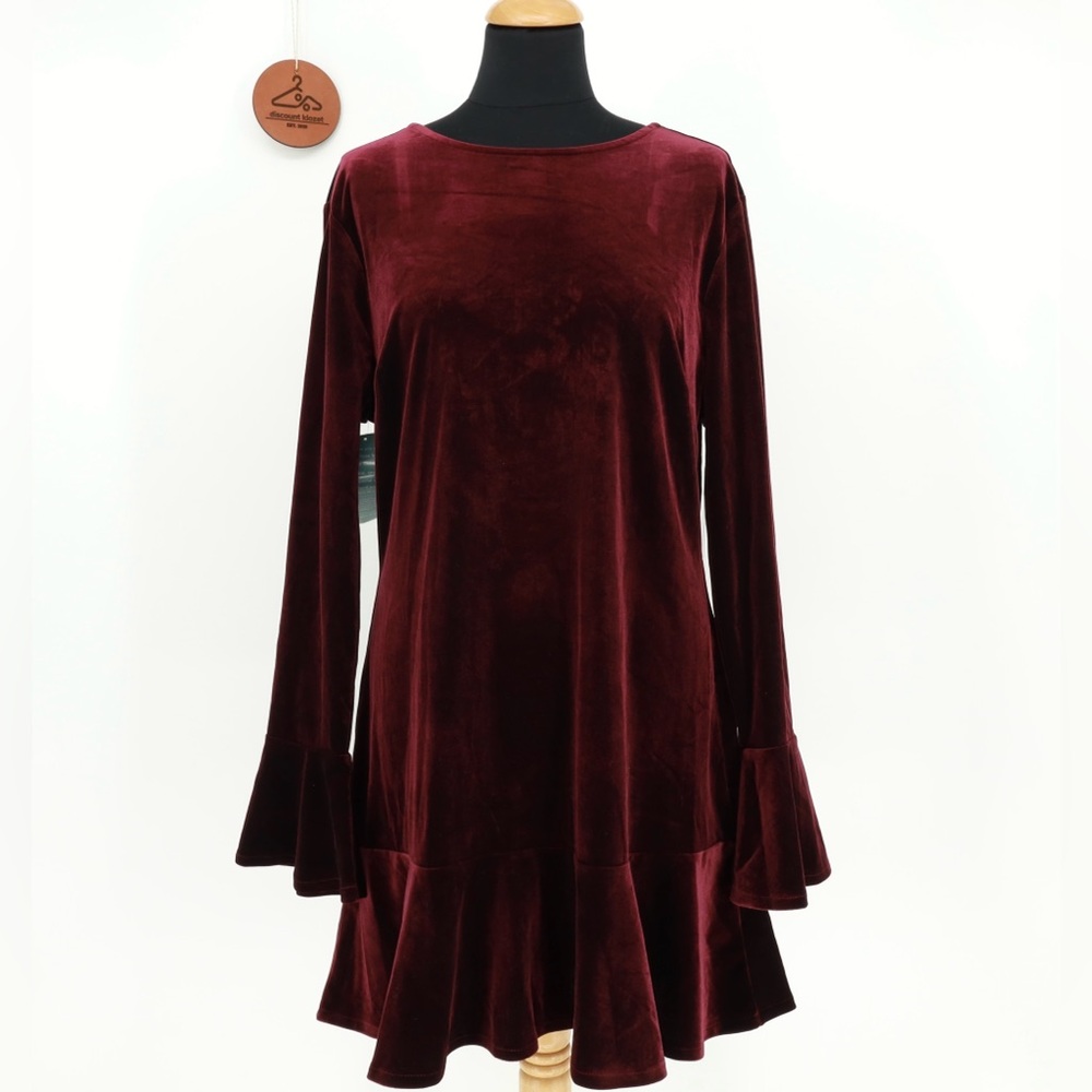 Johnny Wujek Plum Velvet Ruffle Hem Open Back Bow Detail Bell Sleeve‎ Mini Dress